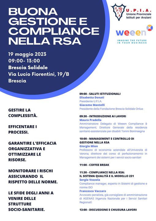 Venerdì sarò a Brescia per parlare di management delle strutture per anziani. In un tempo di grandi cambiamenti, rinnovare e rafforzare i p…