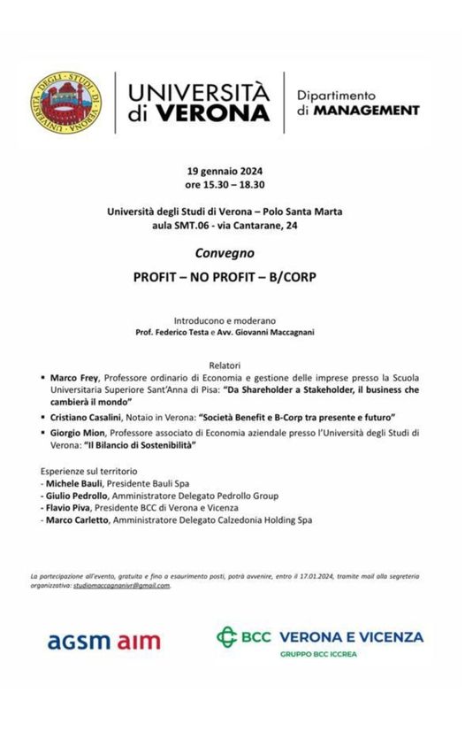 CONVEGNO
          PROFIT-NO PROFIT-B/CORP
  19 GENNAIO 2024
  dalle ore 15:30 alle ore 18:30
  UNIVR #ADOA 
 Giorgio Mion